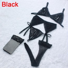 4PCS/set Underwear Women Bra Brief Sets Sexy Lace Open Crotch G-String + Bra + Sling Lingerie Set Cueca