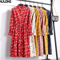 Corduroy High Elastic Waist Vintage Dress A-line Style 2018 Winter Women Full Sleeve Floral Print Dresses Feminino 23 Colors