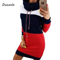 Duzeala Women Winter Turtleneck Long Sleeve Hooded Plus Size 2018 Autumn Striped Colorful Hoodie Dress Sweatshirt Dress