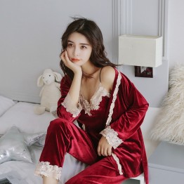 JULY'S SONG  Autumn Winter Warm Pajamas Set Women Sexy Pajamas Sleepwear For Women Sleeveless Strap Nightwear Long Pant Robe 