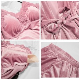 JULY'S SONG 2018 Gold Velvet 4 Peices Warm Winter Pajamas Sets Women Sexy Lace Robe Pajamas Sleepwear Sleeveless  Nightwear 