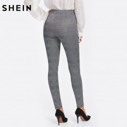 SHEIN High Waisted Pants Autumn Elegant Trousers Women Grey Plaid Stretchy Pants Ladies Elastic Waist Skinny Pants