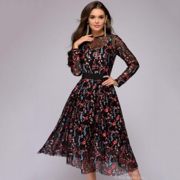 Sexy Women Floral Embroidery knee-length Dress Sheer Mesh Autumn Boho A-line Dress See-through Black Dress 2018 Vestidos