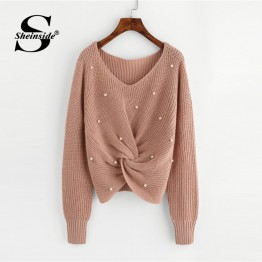 Sheinside Plain V Neck Pearl Beading Casual Sweater Long Sleeve Detail Twist Knitted Sweater Fall Winter Tops For Women Pollover