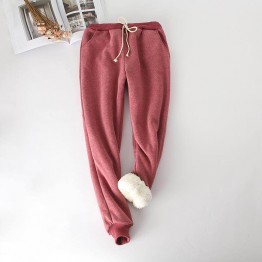 Winter Lambskin Thicker Elastic Waist Pants Loose Large Size Solid Color Cotton Harem Pants Women Casual Warm Trousers MZ1955